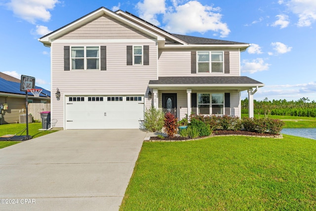 view of front of house with a garage, central air condition unit, and a front yard