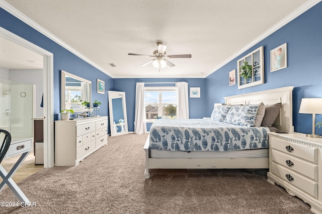 bedroom with ceiling fan, ornamental molding, a textured ceiling, and carpet flooring