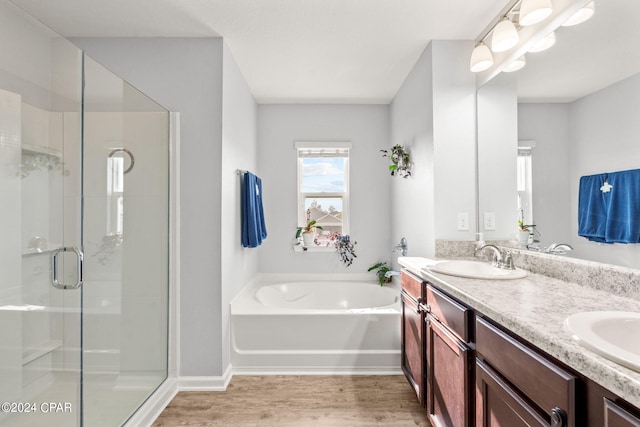 bathroom featuring vanity, hardwood / wood-style flooring, and plus walk in shower