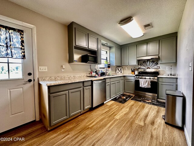 kitchen with light hardwood / wood-style floors, appliances with stainless steel finishes, and plenty of natural light