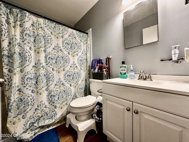 bathroom featuring curtained shower, wood-type flooring, vanity, and toilet