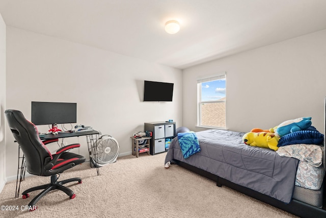 bedroom with light carpet