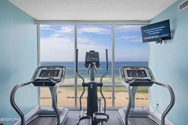 exercise room featuring expansive windows, a textured ceiling, and a wealth of natural light