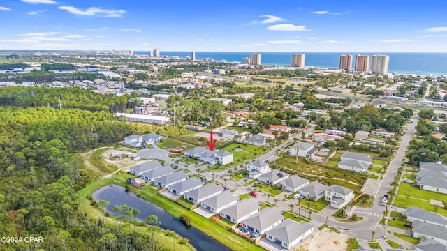 bird's eye view with a water view