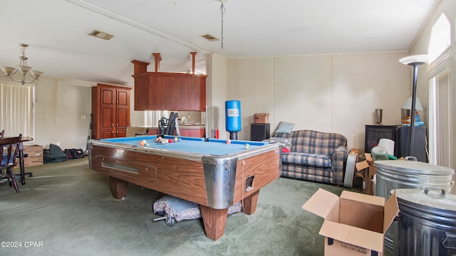 rec room featuring light colored carpet, ornamental molding, and billiards