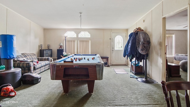 rec room with light carpet and billiards