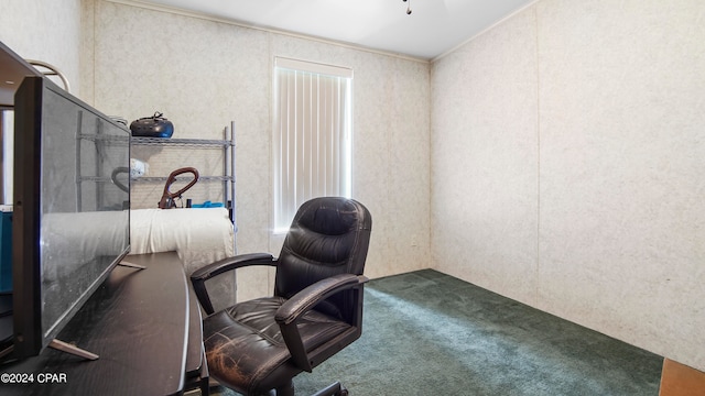 carpeted home office with crown molding