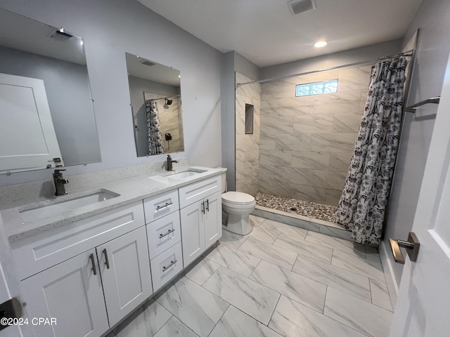 bathroom featuring vanity, toilet, and a shower with shower curtain