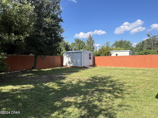 view of yard featuring a storage unit