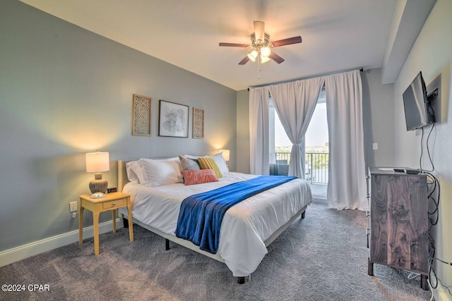 carpeted bedroom with access to outside and ceiling fan