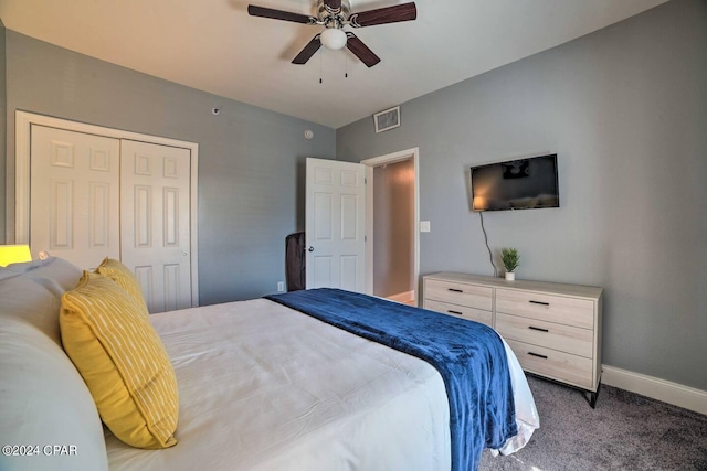 carpeted bedroom with ceiling fan and a closet