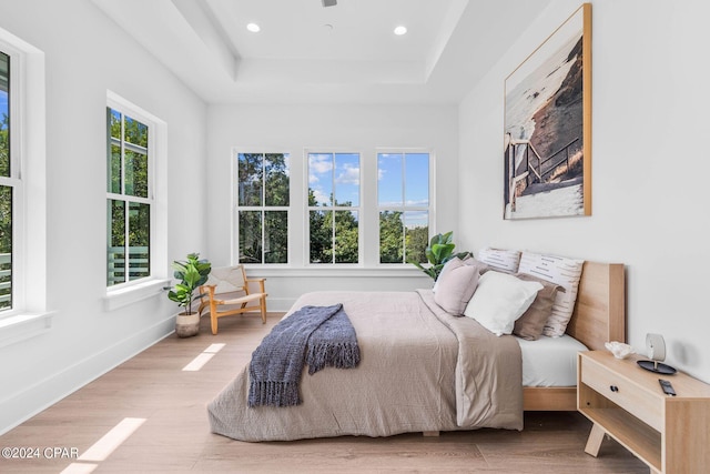 bedroom with multiple windows, light wood-type flooring, and a tray ceiling