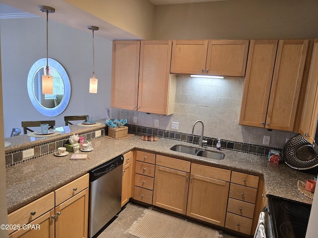 kitchen with sink, light tile patterned floors, hanging light fixtures, range with electric stovetop, and stainless steel dishwasher