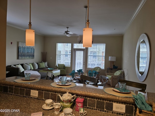 living room featuring crown molding and ceiling fan