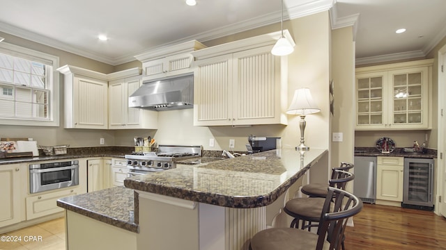 kitchen featuring a peninsula, ornamental molding, stainless steel appliances, under cabinet range hood, and beverage cooler