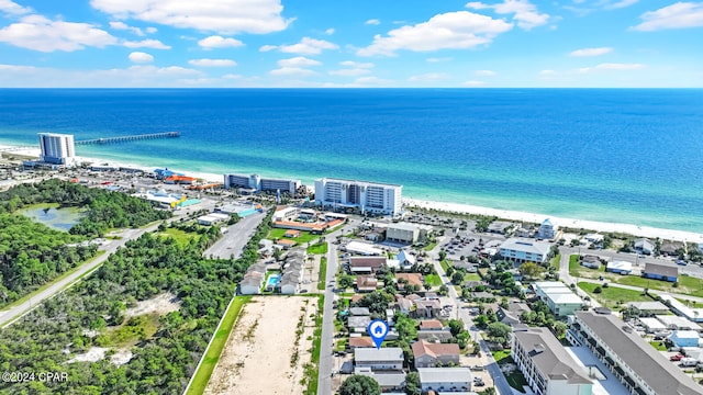 aerial view with a water view and a view of the beach