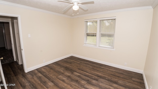 unfurnished room with a textured ceiling, ornamental molding, dark hardwood / wood-style flooring, and ceiling fan