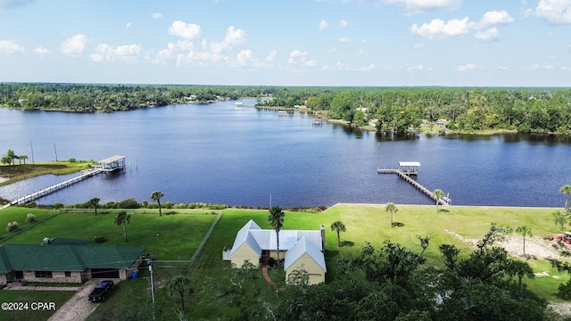 drone / aerial view featuring a water view