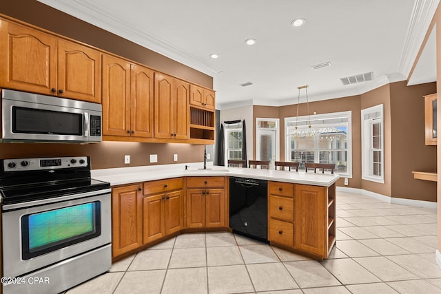 kitchen featuring hanging light fixtures, light tile patterned flooring, kitchen peninsula, stainless steel appliances, and ornamental molding