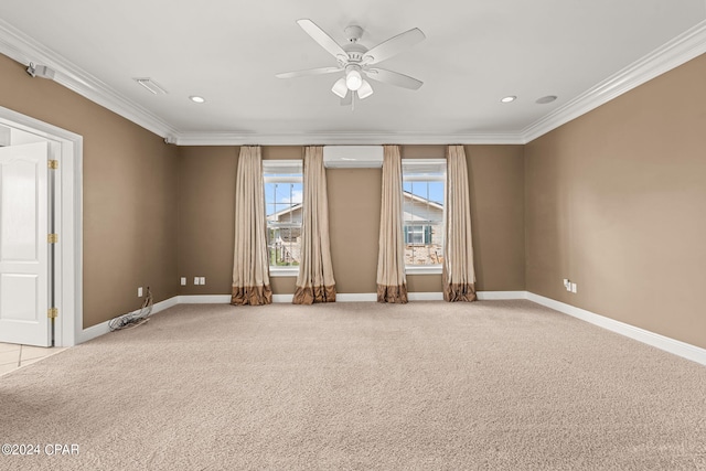 unfurnished room with light carpet, ceiling fan, ornamental molding, and a wall mounted AC