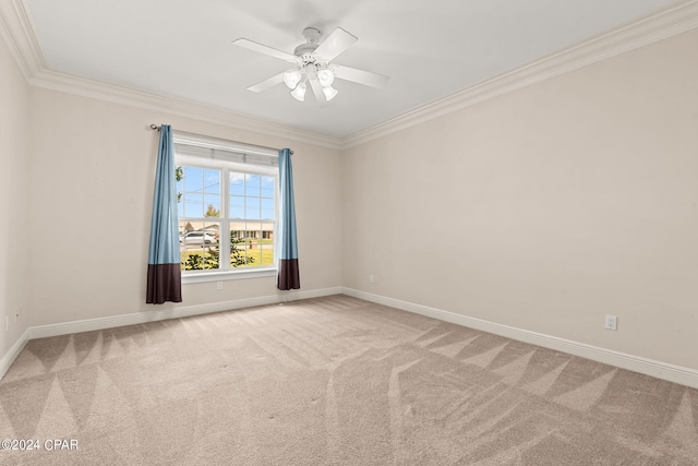 carpeted spare room featuring ceiling fan and ornamental molding