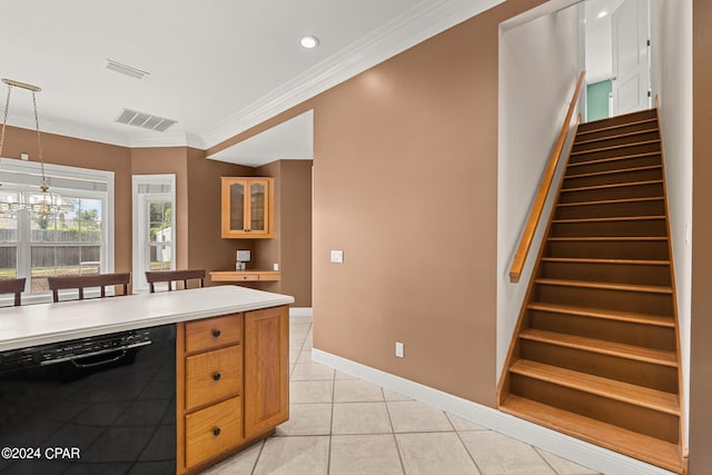 kitchen featuring dishwasher, light tile patterned flooring, an inviting chandelier, decorative light fixtures, and crown molding