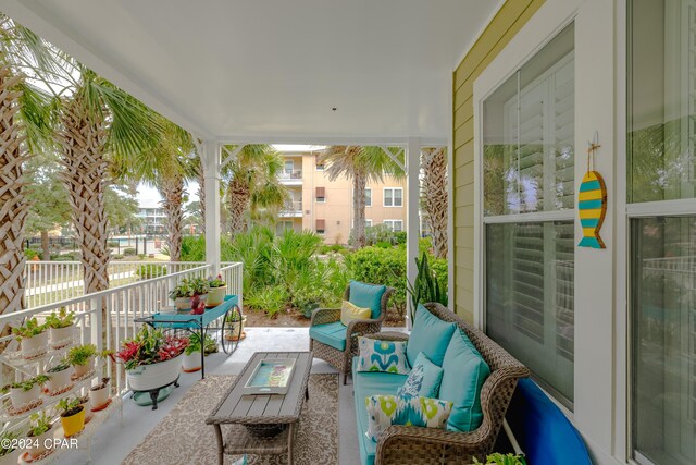 exterior space with outdoor lounge area and a porch