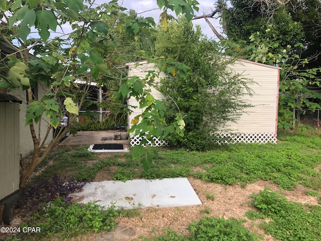 view of yard with a shed and a patio area