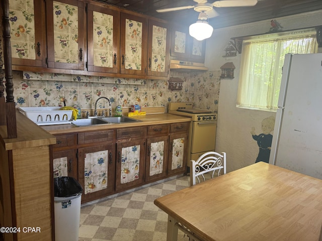 kitchen with ceiling fan, stove, sink, extractor fan, and white fridge