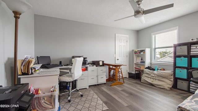 office with ceiling fan, a textured ceiling, and wood-type flooring