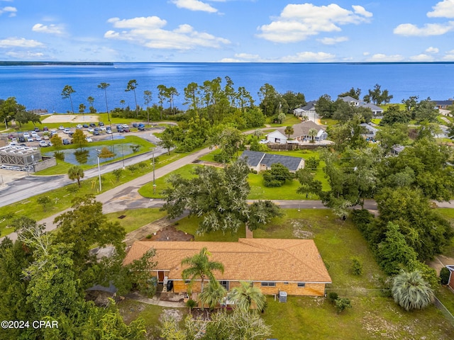 drone / aerial view with a water view