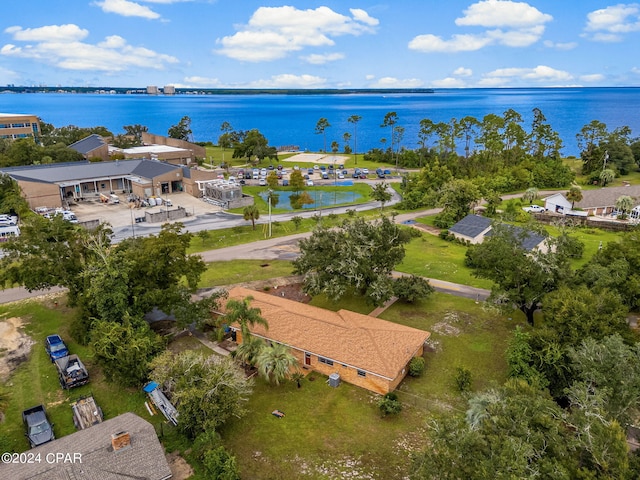 aerial view featuring a water view