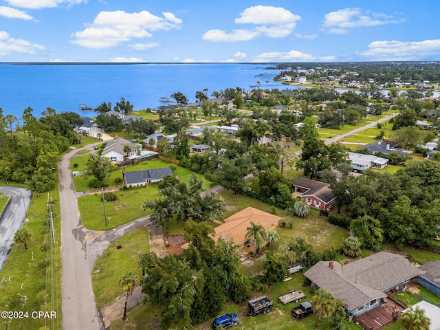 aerial view featuring a water view