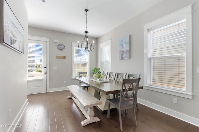 dining room featuring an inviting chandelier, dark hardwood / wood-style floors, and a wealth of natural light