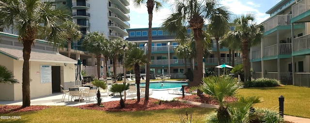 view of swimming pool featuring a patio area and a yard