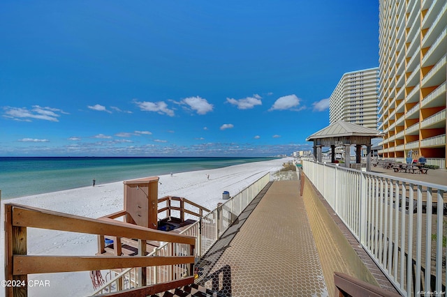 water view with a view of the beach and a gazebo