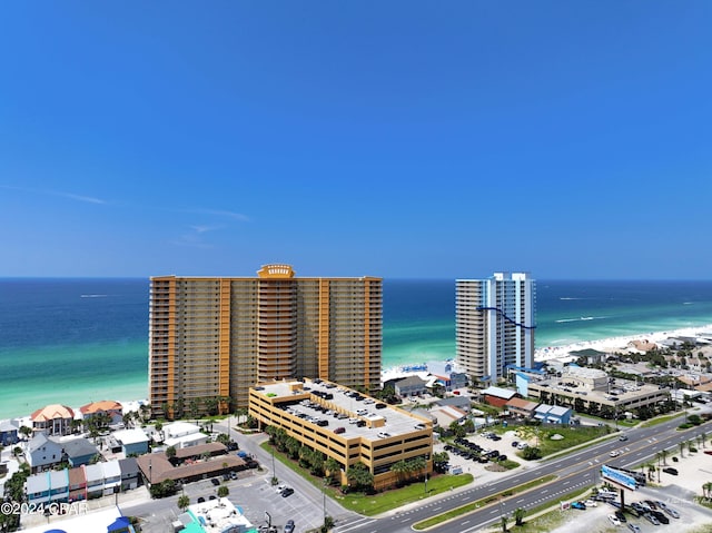 bird's eye view with a beach view and a water view