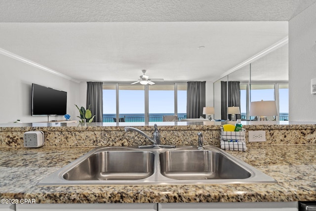 kitchen featuring a sink, a textured ceiling, a ceiling fan, and crown molding