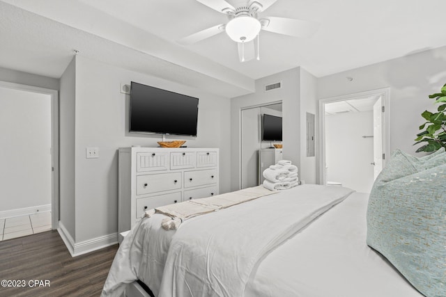 bedroom with visible vents, baseboards, electric panel, a closet, and dark wood-style flooring