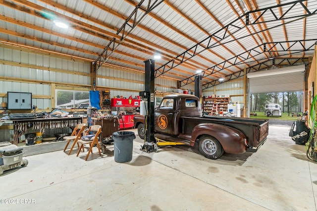 garage featuring a workshop area