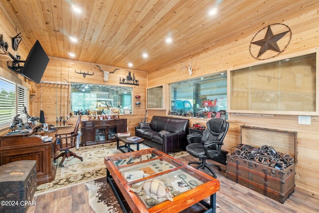 living room featuring wood ceiling, wooden walls, and hardwood / wood-style flooring