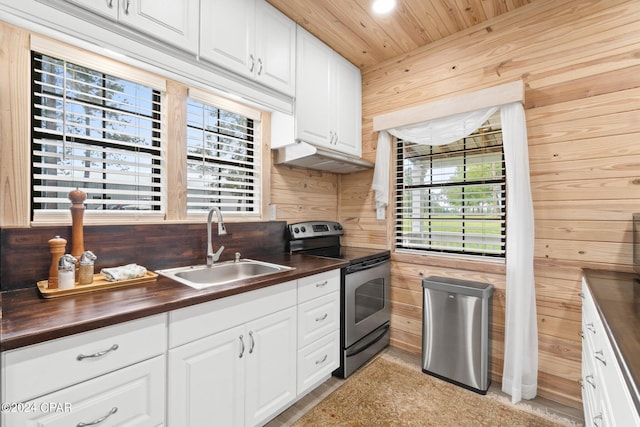 kitchen featuring black range with electric stovetop, wood walls, sink, and wooden counters