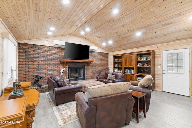 living room with a brick fireplace, brick wall, wooden ceiling, light wood-type flooring, and lofted ceiling