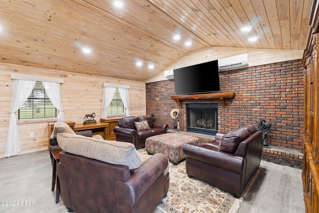 living room featuring wood ceiling, light wood-type flooring, wood walls, vaulted ceiling, and a brick fireplace