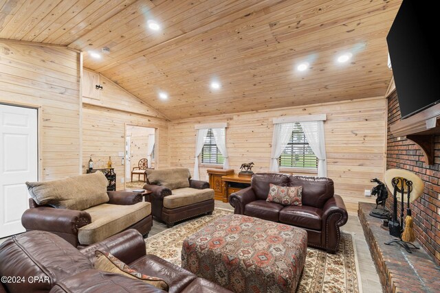 living room featuring wood-type flooring, wooden walls, wood ceiling, and high vaulted ceiling