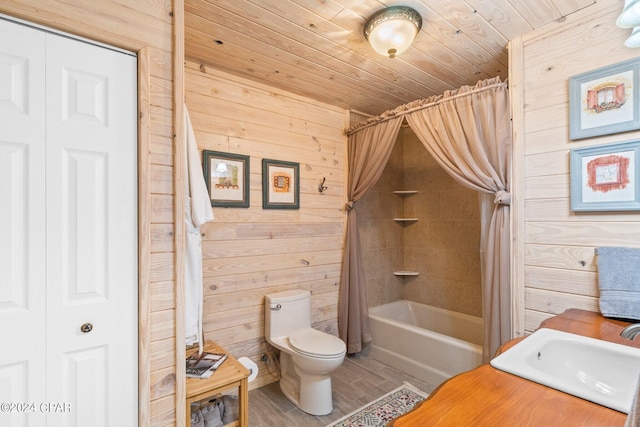 full bathroom with shower / tub combo, wood ceiling, wood walls, hardwood / wood-style flooring, and toilet