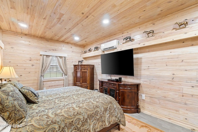 bedroom featuring light hardwood / wood-style flooring, wood ceiling, wood walls, and an AC wall unit