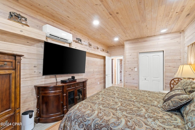 bedroom with wooden ceiling, wood walls, a wall mounted AC, and a closet