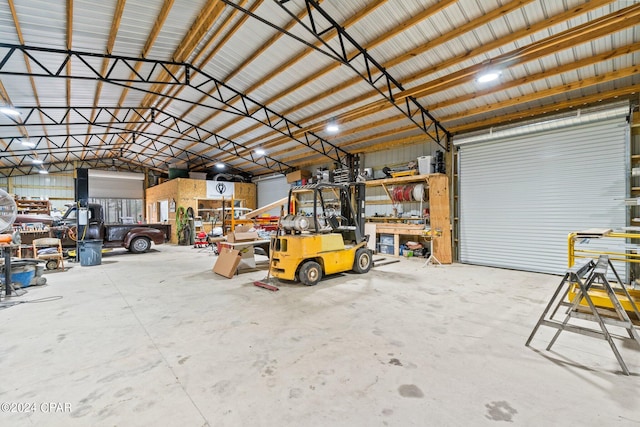 garage with a workshop area