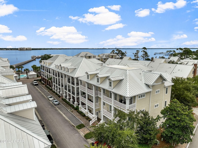 drone / aerial view with a water view